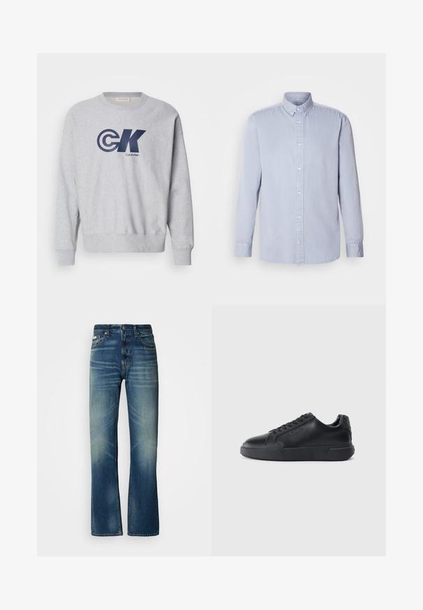 Sivý bavlnený pulóver s okrúhlym výstrihom so veľkým námorníckym modrým logom "CK" a textom "Calvin Klein". Design dopĺňajú rebrované manžety a lem.; Svetlomodrá dlhá rukávová košeľa s gombíkmi vyrobená z bavlny s jemnou textúrou, s klasickým golierom a prednými gombíkmi.; Modré džínsy s rovnou siluetou, stredne umývané, so zdanlivými detailmi, piatimi vreckami a zapínaním na gombík. Výrazné prešitie pozdĺž švov.; Čierne tenisky s hladkým koženým zvrškom, zaoblenou špičkou, šnurovaním, textúrovaným detailom na päte a silnou gumovou podrážkou.