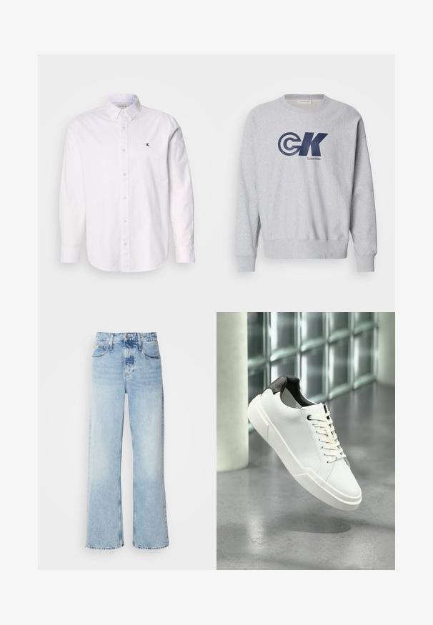 Grå bomulds sweatshirt med rund hals featuring et stort marineblåt "CK" logo og "Calvin Klein" tekst. Ribbet manchetter og kant fuldender designet.; Hvid skjorte med knappelukning lavet af bomuld, med klassisk krave, lange ærmer og et lille CK-logo på venstre bryst. Glat tekstur.; Lysblå vide jeans med høj talje, der har en falmet finish, bæltestropper og klassisk fem-lomme design. Kantene er rå.; Hvid lav tå-sneaker med sort struktureret hælfane, hvide snørebånd og tyk sål på en poleret betongulv nær glasblokke.