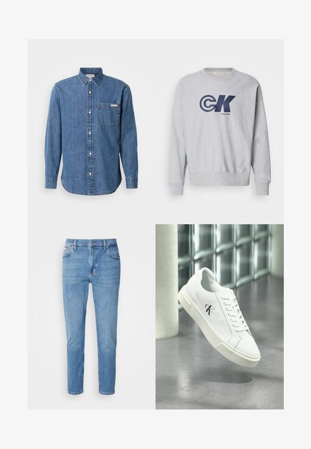 Grå bomulds sweatshirt med rund hals featuring et stort marineblåt "CK" logo og "Calvin Klein" tekst. Ribbet manchetter og kant fuldender designet.; Denimskjorte i mellemblå med knappet krave, lange ærmer, forlommes og hvide knapper. Har en let buet kant.; Lys blå denim jeans med lige snit, fem-lomme design og subtilt slid. Har knaplukning og bæltestropper.; Hvid Calvin Klein sneaker med snørebånd, vist svævende over en poleret betongulv og en baggrund af glasblokke.