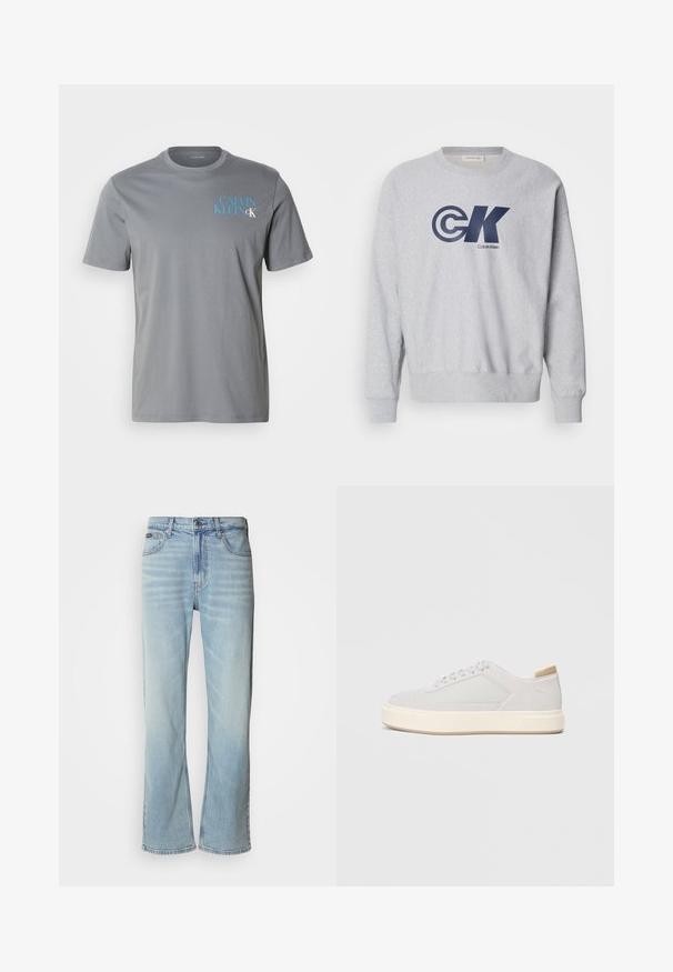 Sivý bavlnený pulóver s okrúhlym výstrihom so veľkým námorníckym modrým logom "CK" a textom "Calvin Klein". Design dopĺňajú rebrované manžety a lem.; Sivá bavlnená tričko s okrúhlym výstrihom a krátkymi rukávmi, s modrým nápisom "CALVIN KLEIN" potlačeným na ľavej strane. Hladký povrch.; Svetlo modré džínsy so strihom rovného nohavice, obsahujúce päť vreciek, zapínanie na gombík a jemné vyblednutie na látke.; Svetlošedé tenisky s hladkým syntetickým zvrškom, okrúlym špičkou a štruktúrovanou krémovou medzipodrážkou. Svetlé béžové akcenty na päte.