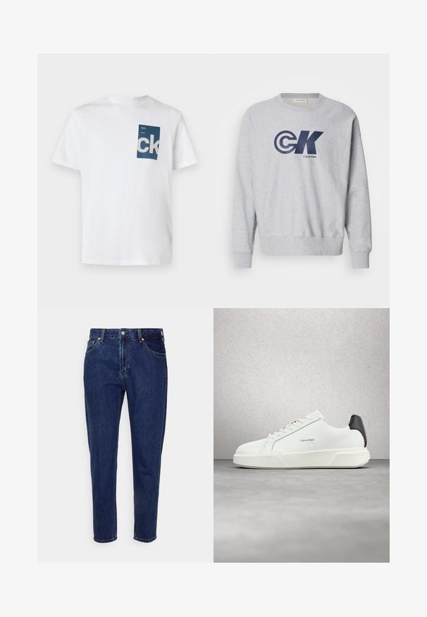 Grauer Baumwollpullover mit Rundhalsausschnitt, der ein großes navyblaues "CK"-Logo und den Text "Calvin Klein" zeigt. Rippbündchen und Saum vervollständigen das Design.; Weißes Baumwoll-T-Shirt mit einer blauen rechteckigen Tasche, die mit dem weißen 'ck'-Logo und Textdetails verziert ist. Kurze Ärmel, Rundhalsausschnitt, normale Passform.; Dunkelblaue Jeans mit geradem Bein, vorderer Knopf- und Reißverschluss, Gürtelschlaufen sowie Vorder- und Gesäßtaschen.; Weiße Sneaker mit glattem Lederobermaterial, flachen Schnürsenkeln und erhöhter weißer Sohle. Verfügen über einen schwarzen Akzent an der Ferse und ein geprägtes Logo.