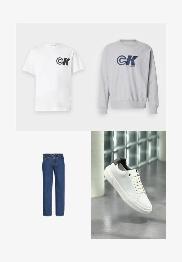 Sivý bavlnený pulóver s okrúhlym výstrihom so veľkým námorníckym modrým logom "CK" a textom "Calvin Klein". Design dopĺňajú rebrované manžety a lem.; Biely bavlnený tričko s čiernym okrúhlym logom "CK" a textom na ľavej strane hrude; okrúhly výstrih a krátke rukávy, jednoduchý dizajn.; Modré džíny rovného strihu z denimu, so šiestimi vreckami, zapínaním na gombík a zips, s jemným vyblednutím na látke.; Biela nízka teniska s čiernou textúrovanou pätkou, bielymi šnúrkami a hrubou podrážkou na leštenej betónovej podlahe pri sklenených blokoch.
