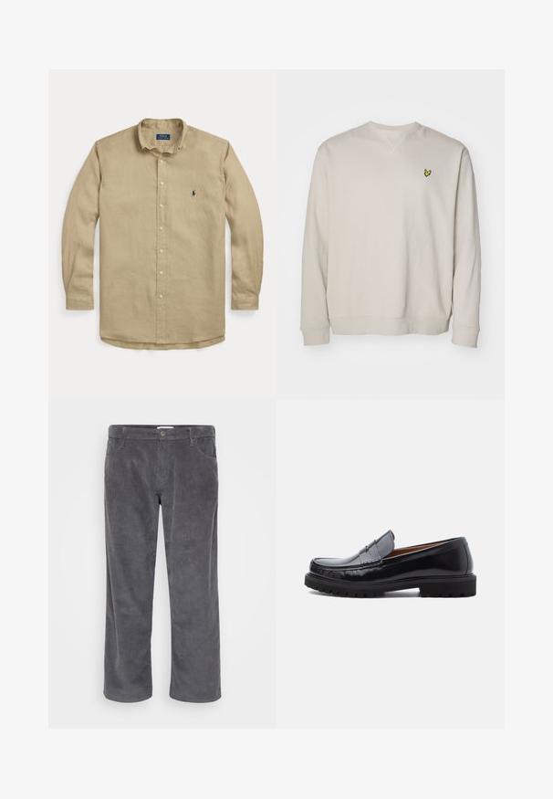 Lys beige sweatshirt med lange ærmer, rund hals og et lille gult broderet logo på venstre bryst. Lavet af blødt stof.; Beige langærmet skjorte med knapper, krave, forreste knapper og lille mørkeblå broderet logo på venstre bryst.; Grå kordfløjlsbukser med lige ben-design, der har forlommer og en diskret ribbet tekstur. Ingen synlig branding eller accenter.; Sorte læder penny loafer med chunky gummisål og moc toe syninger, vist i profil på en hvid baggrund.
