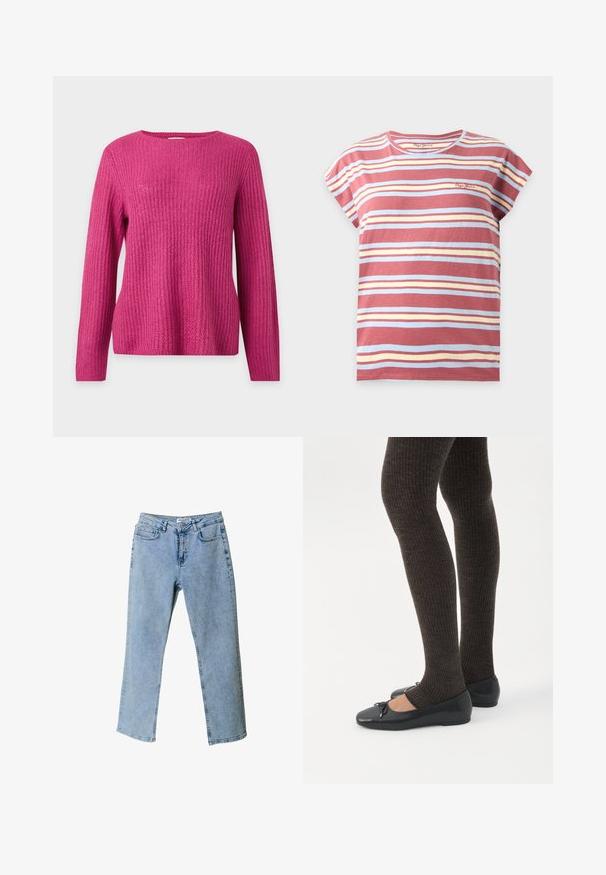 Pull rose en maille à manches longues, col rond et motif texturé, présenté sur un fond uni gris clair.; T-shirt à manches courtes et col rond avec des rayures horizontales rouges, bleu clair et crème, avec un petit logo de la marque sur la poitrine.; Jean en denim bleu clair avec une coupe droite, style cinq poches et une étiquette à la taille. Présente des zones décolorées pour ajouter une texture.; Jambes portant des leggings côtelés foncés associés à des ballerines noires avec de petits détails en nœud sur fond blanc.