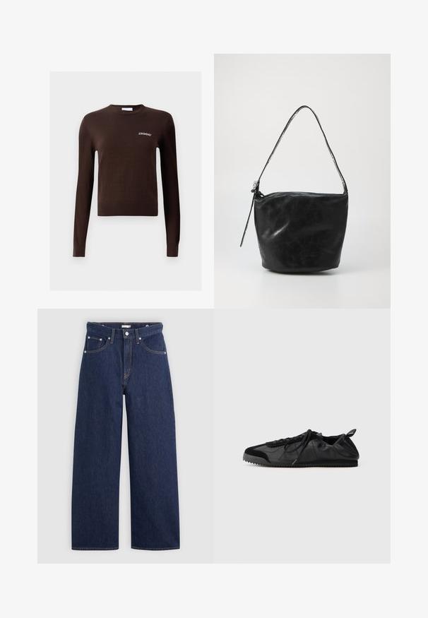 Brun strikket sweater med lange ærmer og rund hals. Har et lille, hvidt broderet "2NDDAY" logo på brystet. Ribbet kant og manchetter.; Mørkeblå denim brede ben jeans med høj talje, der har fem lommer, bæltestropper og detaljer med kobber stikninger. Glat tekstur.; Sort sneakers med en glat læderoverdel og teksturerede suede detaljer. Har snørebånd fortil, en afrundet tå og en rillede gummisål.; Sort læder skuldertaske med en glat overflade, lynlåslukning og et langt, afrundet håndtag. Tasken har en afslappet, ustruktureret form.