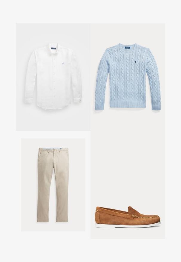 Lichtblauwe kabelgebreide trui met lange mouwen, ronde hals en klein donkerblauw geborduurd Polo Ralph Lauren-logo op de borst.; Witte lange mouwen shirt van katoen met een button-down kraag, voorzien van een klein marineblauw logo op de linkerborst en klassieke knoopsluiting.; Beige katoenen broek met rechte pijpen, voorzakken, riemlussen, knoopsluiting en ritssluiting, plat liggend op een witte achtergrond.; Bruine suède loafer met witte zool en beige stiksels langs de teen en bovenrand, zijaanzicht op een effen achtergrond.