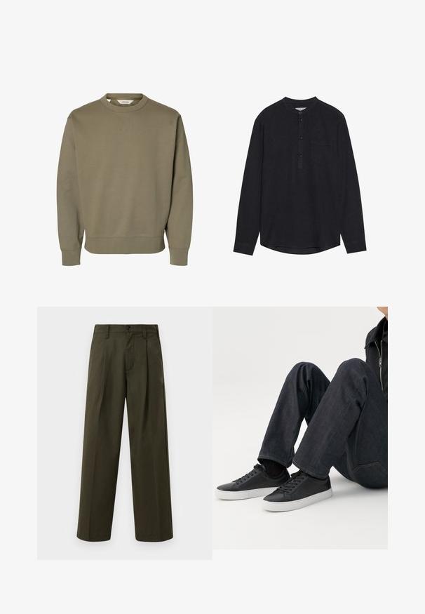 Effen olijfgroene sweater met ronde hals, lange mouwen en geribde boorden aan mouwen en zoom.; Zwarte langemouwen shirt in een denimstructuur, met een ronde kraag, knoopsluiting en een borstzak aan de voorkant. Afgeronde onderrand.; Olijfgroene wijde broek van katoen met een gladde textuur, voorzien van een voorzak, riemlussen en een enkele knoopsluiting.; Persoon zittend met gebogen benen, draagt donkerblauwe spijkerbroek en zwarte lage sneakers met witte zolen op een witte achtergrond.