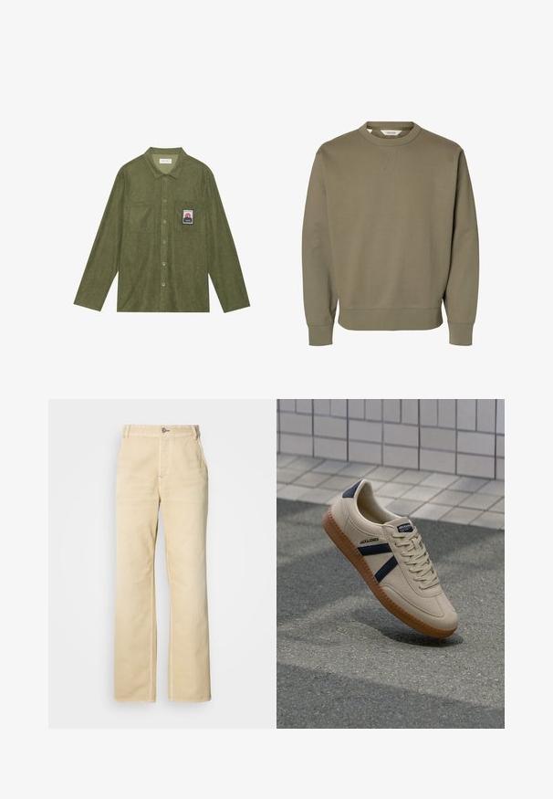 Sweat-shirt uni vert olive à col rond avec manches longues et poignets et ourlet côtelés.; Chemise en velours côtelé vert olive à manches longues, fermeture boutonnée, deux poches poitrine, et un patch graphique de montagne sur la poche gauche.; Pantalon large couleur kaki en coton doux, avec une fermeture par un seul bouton, des poches avant et des coutures apparentes le long des coutures.; Baskets beiges avec une finition texturée, bandes navy et semelle en caoutchouc. Équipées d'une languette rembourrée et d'un système de laçage traditionnel pour un maintien sécurisé.