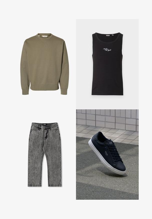 Ensfarvet olivengrøn crewneck-sweatshirt med lange ærmer og ribkant ved ærmer og kant.; Sort ærmeløs ribstrikket tanktop med hvid kursiv tekst "Not from New York" på brystet, rund halsudskæring og mærke inden i kraven.; Grå denim jeans med en slidset finish, lige ben og fem-lomme design. Har et label med "FORMER" på taljebåndet.; Sort lædersneaker med en glat overflade, hvid gummisål og tonale snørebånd. Har mærkeaccentuer på tungen og siden.