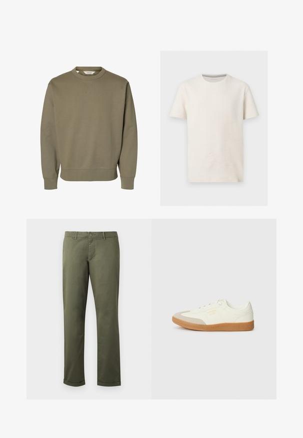 Sweat-shirt uni vert olive à col rond avec manches longues et poignets et ourlet côtelés.; T-shirt en coton texturé blanc cassé à manches courtes, col rond et logo subtil sur la poitrine gauche, présenté sur fond gris.; Pantalons en coton vert olive avec une coupe droite, ourlets retroussés, poches avant et fermeture à bouton. Texture lisse avec des détails de couture subtils.; Baskets en cuir blanc avec une coque beige et une semelle en caoutchouc marron clair. Dotées de lacets blancs plats et d'un logo embossé sur le côté.
