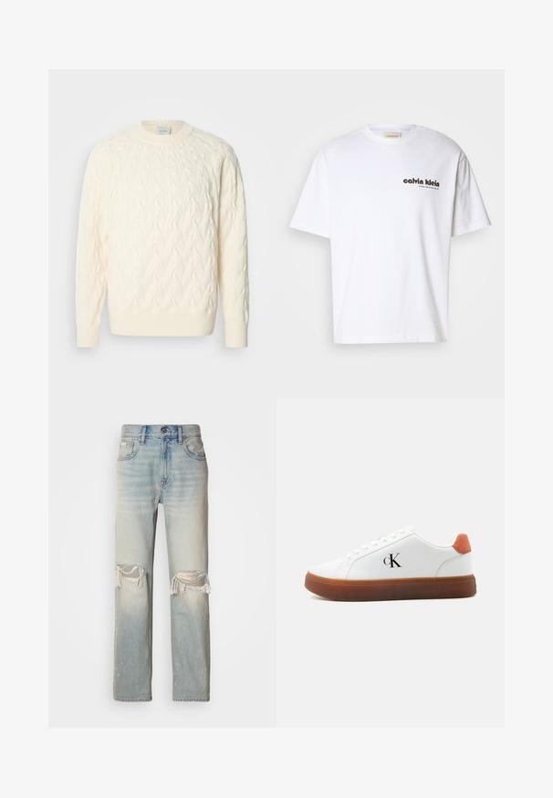 Roomkleurige kabelgebreide trui met een ronde halslijn en geribbelde manchetten en zoom. Gemaakt van een zachte wolmix, met een gestructureerd ontwerp.; Witte katoenen t-shirt met korte mouwen, voorzien van een zwart 'Calvin Klein' tekstlogo en een vierkant label nabij de hals. Eenvoudig ontwerp.; Lichtblauwe denim jeans met een hoge taille, wijde benen en opvallende scheuren bij de knieën. Heeft rafelige randen en subtiele vervaging.; Witte lage sneaker met bruine zool, oranje hieltab, veters en "cK" logo aan de zijkant.