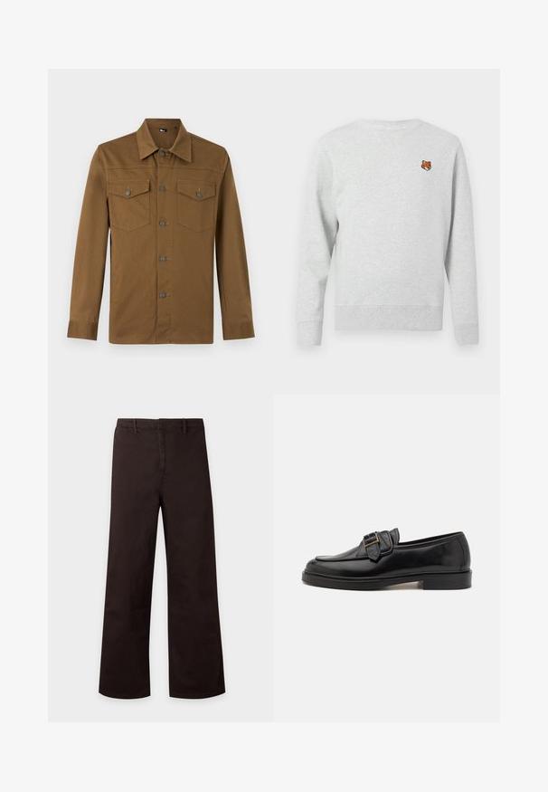 Sweatshirt gris à manches longues, col rond et poignets côtelés, avec une petite tête de renard brodée sur le côté gauche de la poitrine. Tissu doux et texturé.; Chemise marron à manches longues avec col pointu et deux poches poitrine boutonnées, présentée sur fond clair uni.; Pantalon marron foncé à jambes droites avec passants pour ceinture et fermeture éclair à l’avant, présenté sur un fond clair uni.; Mocassins en cuir noir avec un bout arrondi et une boucle décorative. Talon plat, solide et texture lisse sur l'ensemble.