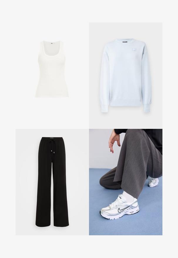 Hellblaues Sweatshirt aus weichem Baumwollmix, mit rundem Halsausschnitt, gerippten Bündchen und einem kleinen Logo-Patch auf der Brust.; Weißes, geripptes Tanktop mit einem runden Ausschnitt und breiten Trägern. Der Stoff scheint dehnbar und figurbetont zu sein, geeignet zum Layering oder für legere Anlässe.; Schwarze, weit geschnittene Jogginghosen aus weichem Stoff, mit einem elastischen Bund und einer Kordel mit Metallspitzen.; Weiße und silberne Sportschuhe aus Mesh- und Synthetikmaterialien, mit schwarzen Akzentlinien, Schnürsenkeln und strukturierten Sohlen.
