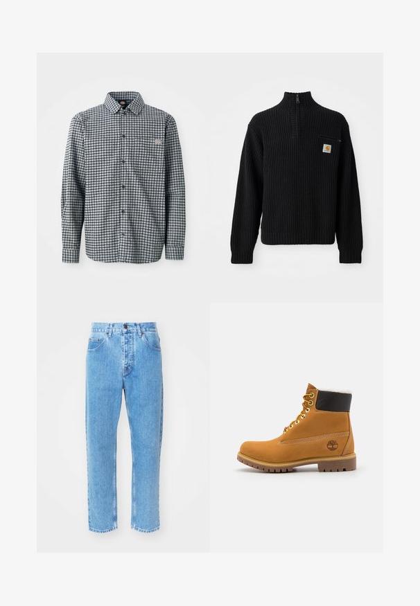 Suéter negro de punto acanalado con cuello alto, media cremallera y un pequeño bolsillo en el pecho con un logotipo. Mangas largas y tejido texturizado.; Camisa de cuadros en blanco y negro de manga larga con botones, cuello y un pequeño parche con logo en el bolsillo del pecho izquierdo.; Los vaqueros de mezclilla azul claro presentan un diseño de pierna recta, cinco bolsillos y un clásico cierre de botón en la cintura.; Botín de cuero marrón con ojales de metal, forro de piel sintética blanca, cuello acolchado negro, suela resistente y logotipo en relieve en el costado.