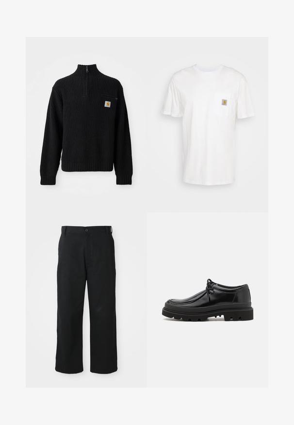 Sort ribbet strikket sweater med høj hals, halv lynlås og en lille brystlomme med et logo. Langærmer og struktureret stof.; Hvid bomulds T-shirt med korte ærmer, en brystlomme, og et lille firkantet logo patch i orange og hvid på lommen.; Sorte bukser med bredt ben i et blødt stof. Har en knaplukning, bæltesløjfer og lige aldre for en afslappet pasform.; Sorte læder derby-sko med et strømlinet design, rund tå og struktureret gummisål med dybe riller for bedre greb.