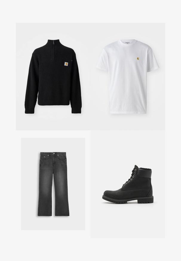 Pull en maille côtelée noir avec un col haut, une demi-fermeture éclaire et une petite poche poitrine avec un logo. Manches longues et tissu texturé.; T-shirt en coton blanc à manches courtes, col rond, avec un petit logo doré sur la poitrine gauche. Texture douce et coupe régulière.; Jean en denim noir évasés avec une finition délavée, présentant une fermeture à bouton devant, des passants de ceinture et deux poches latérales.; Bottines noires en daim avec une semelle en caoutchouc, dotées d'œillets en métal, de lacets et d'un col en fausse fourrure douce autour du haut.