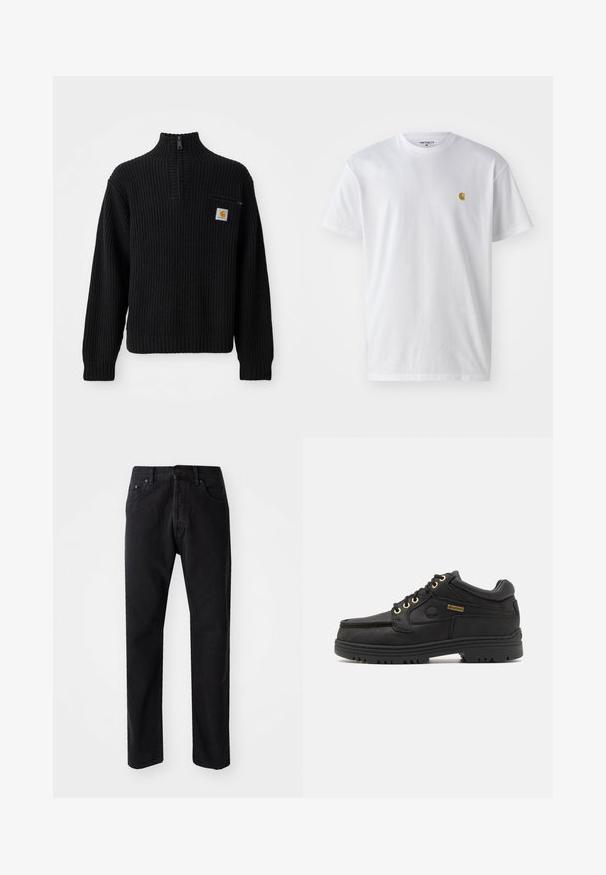 Suéter negro de punto acanalado con cuello alto, media cremallera y un pequeño bolsillo en el pecho con un logotipo. Mangas largas y tejido texturizado.; Camiseta de algodón blanca con mangas cortas, cuello redondo, que presenta un pequeño logo dorado en la parte izquierda del pecho. Textura suave y corte regular.; Jeans de denim negro con corte recto, cinco bolsillos y cierre de botón. Presenta costuras visibles y una tela suave y texturizada.; Zapato de cuero negro con cordones, cuello acolchado, suela gruesa, ojales dorados y etiqueta Gore-Tex en el lateral.