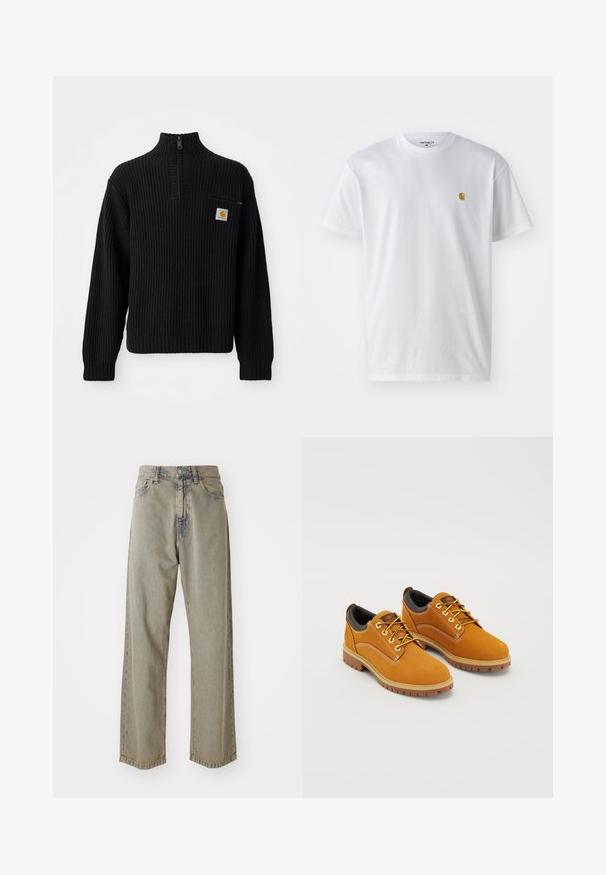 Zwarte geribbelde gebreide trui met een hoge hals, halve rits en een kleine borstzak met een logo. Lange mouwen en textuurstof.; Witte katoenen t-shirt met korte mouwen en ronde hals, voorzien van een klein gouden logo op de linkerkant van de borst. Zachte textuur en een normale pasvorm.; Lichtgrijze wijde spijkerbroek van denim, met een vervaagde textuur, zichtbare stiksels en een traditionele knoop- en ritsclosure.; Bruine suède schoenen met een ronde neus, gele veters, een gewatteerde zwarte kraag en rubberen zolen met gripgroeven.