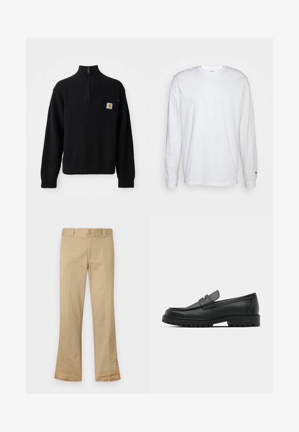 Suéter negro de punto acanalado con cuello alto, media cremallera y un pequeño bolsillo en el pecho con un logotipo. Mangas largas y tejido texturizado.; Camiseta blanca de manga larga hecha de algodón. Diseño de cuello redondo con puños acanalados y un pequeño logo en la manga izquierda. Textura suave.; Pantalones acampanados beige fabricados con una mezcla de algodón, que cuentan con un cierre de botón, pasadores para cinturón y un frente plano con textura suave.; Mocasines de cuero negro con punta redonda, que cuentan con un diseño cosido, suela de plataforma baja y una suela de goma texturada y con tacos.