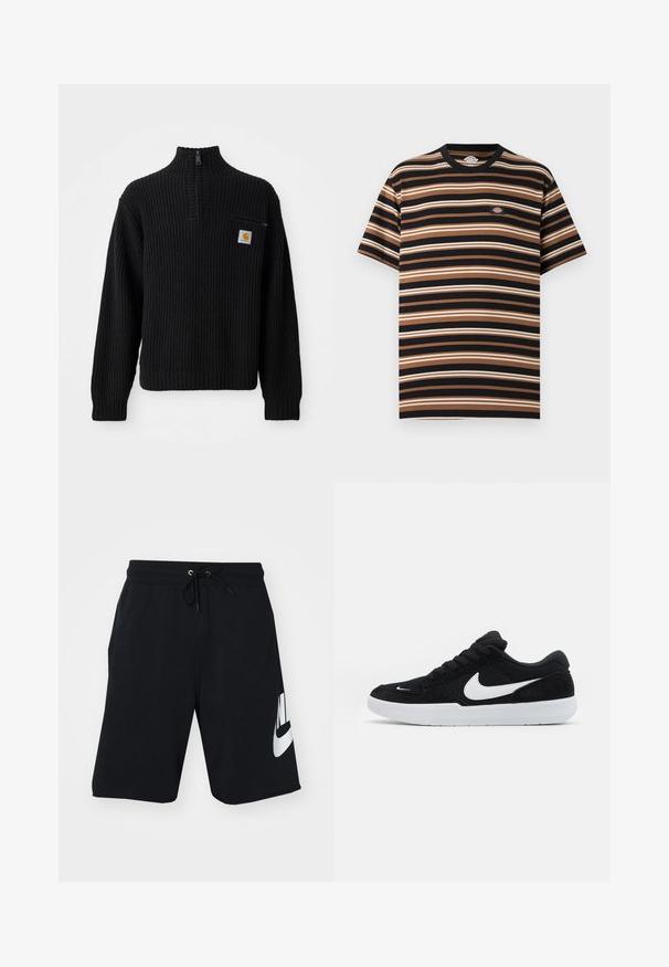 Sort ribbet strikket sweater med høj hals, halv lynlås og en lille brystlomme med et logo. Langærmer og struktureret stof.; T-shirt med korte ærmer med vandrette sorte, brune og beige striber samt en lille Dickies logo-patch på brystet.; Sorte bomuldsshorts med drapering i taljen, sidelommer og stort hvidt Nike-logo trykt på venstre lår. Klassisk atletisk design.; Sorte ruskindssneakers med hvide accenter, der har en rund tå, tyk hvid sål og sorte snørebånd. Fremtrædende hvidt Nike-logo på siden.