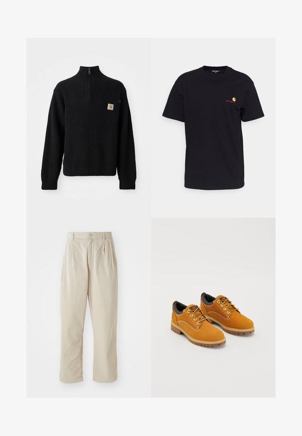 Sort ribbet strikket sweater med høj hals, halv lynlås og en lille brystlomme med et logo. Langærmer og struktureret stof.; Sort bomulds T-shirt med korte ærmer, rund hals og lille farverigt logo på venstre bryst. Klassisk snit med en glat tekstur.; Beige, lette bukser med en afslappet pasform, indsyede folder foran, knaplukning og opbrettede kanter. Glat tekstur, minimalistisk design.; Brune ruskindssko med rund tå, gule snørebånd, en polstret sort krave og gummisåler med skridsikre riller.