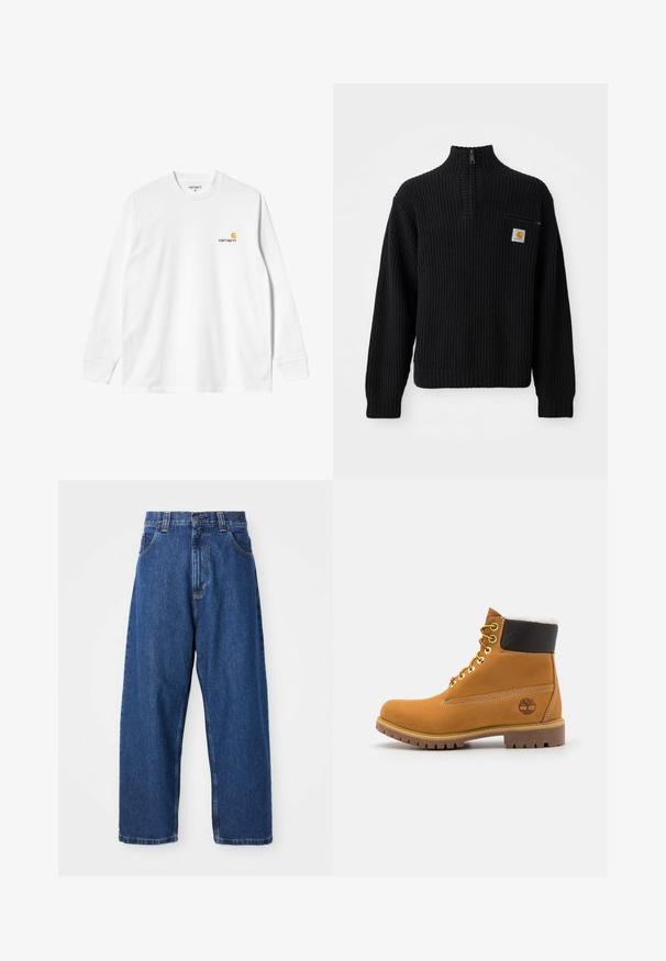 Suéter negro de punto acanalado con cuello alto, media cremallera y un pequeño bolsillo en el pecho con un logotipo. Mangas largas y tejido texturizado.; Camiseta blanca de algodón de manga larga con cuello redondo, que presenta un pequeño logo amarillo y burdeos en el lado izquierdo del pecho. Puños y dobladillo sin costuras.; Jeans de pierna ancha de denim en azul oscuro. Presentan una cintura alta, trabillas para cinturón y un diseño clásico de cinco bolsillos. Bajo cosido con un acabado limpio.; Botín de cuero marrón con ojales de metal, forro de piel sintética blanca, cuello acolchado negro, suela resistente y logotipo en relieve en el costado.
