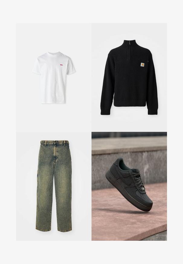Suéter negro de punto acanalado con cuello alto, media cremallera y un pequeño bolsillo en el pecho con un logotipo. Mangas largas y tejido texturizado.; Camiseta blanca de algodón con cuello redondo y mangas cortas, con un pequeño logo rojo "OBEY" en el lado izquierdo del pecho.; Jeans de denim holgados en un lavado azul y verde descolorido. Presenta un cierre de botón, pasadores para el cinturón y bolsillos laterales. Diseño de frente plano y pierna recta.; Zapatilla Nike Air Force 1 negra suspendida sobre una superficie lisa de piedra con un fondo de muro de piedra.