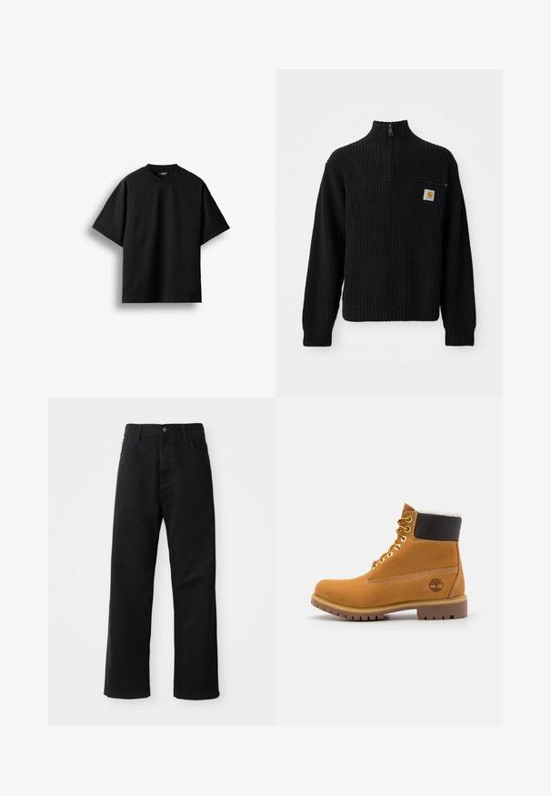 Pull en maille côtelée noir avec un col haut, une demi-fermeture éclaire et une petite poche poitrine avec un logo. Manches longues et tissu texturé.; T-shirt noir à manches courtes et col rond, présenté à plat sur un fond blanc avec une petite étiquette visible au niveau du col.; Pantalons en denim noir à coupe droite, avec poches avant, fermeture éclair et un seul bouton supérieur. Tissu texturé avec une finition mate.; Bottine en cuir brun avec œillets en métal, doublure en fourrure blanche, col rembourré noir, semelle robuste et logo en relief sur le côté.