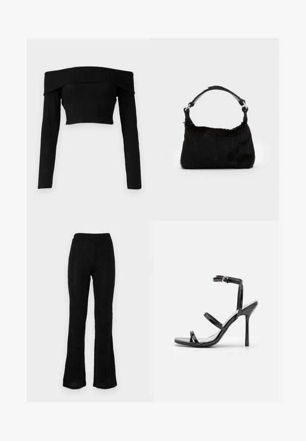 Čierny crop top s dlhými rukávmi a odhalenými ramenami z rebrovanej pleteniny, so prehnutým výstrihom a priliehavým strihom.; Čierne rozšírené nohavice vyrobené z textúrovanej tkaniny s jemným vzorom. Elastický pás, ľahké a dlhé prevedenie.; Čierne lakované kožené sandále na vysokom opätku s tromi vodorovnými pruhmi a nastaviteľným popruhom okolo členku. Elegantný silueta a lesklý povrch.; Čierna kabelka z umelého kožušiny s jemnou textúrou, zaobleným tvarom a pevným čiernym koženým ramenným popruhom. Viditeľné akcenty zo strieborného kovu.