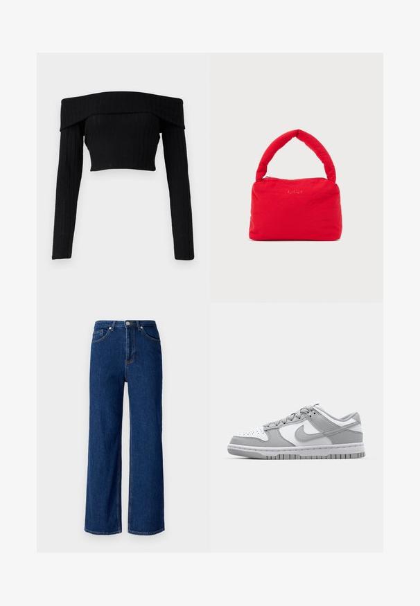 Μαύρο cropped τοπ από ριμπ ύφασμα χωρίς ώμους με μακριά μανίκια, διαθέτοντας διπλωμένο λαιμό και εφαρμοστή σιλουέτα.; Φαρδιά τζιν παντελόνια σε σκούρο μπλε, με κλασικό πεντάτσεπο σχέδιο, διακριτή ραφή και μεταλλικό κούμπωμα στη μέση.; Γκρι και λευκά χαμηλά αθλητικά παπούτσια με δερματικά και σουέτ υλικά, τρυπητό σχήμα στην μύτη και ελαστική σόλα. Περιλαμβάνει το χαρακτηριστικό λογότυπο swoosh.; Κόκκινη τσάντα από μαλακό ύφασμα με επενδυμένη λαβή και κλείσιμο με φερμουάρ στην κορυφή, τοποθετημένη σε απλό ανοιχτόχρωμο φόντο.