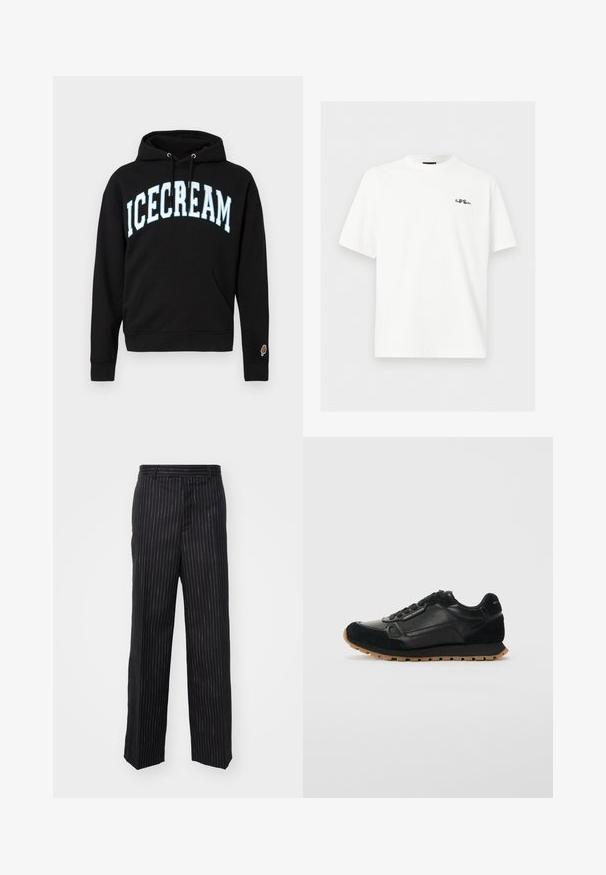 Sweat à capuche noir avec une poche frontale, arborant l'inscription "ICECREAM" en lettres arquées bleu clair, et une petite icône de glace sur la manche.; T-shirt blanc à manches courtes avec col rond et petit logo noir brodé sur la poitrine gauche, "Paul Smith", sur fond uni.; Pantalons à rayures noires avec une coupe ajustée, présentant une texture lisse, un design à jambe droite et des détails tonals subtils sur l'ensemble.; Baskets en cuir noir et en daim avec semelle en caoutchouc clair et logo "Armani Exchange" sur le côté et le talon, présentées de profil sur fond blanc.