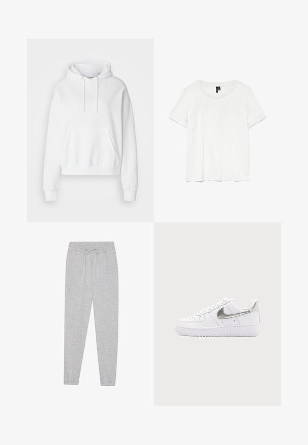 Sudadera blanca con capucha, bolsillo frontal, puños y dobladillo acanalados. Tela suave y corte relajado, con cordones en la capucha.; Camiseta blanca de manga corta con un cuello redondo, hecha de tejido ligero. Diseño simple, textura suave y dobladillo recto.; Pantalones de chándal grises con una textura suave, cinturilla elástica y detalle de cordón. Diseño de pierna ajustada con un ajuste casual.; Zapatilla blanca de corte bajo con el logo Nike en plata metálica y cordones blancos sobre un fondo gris claro liso.