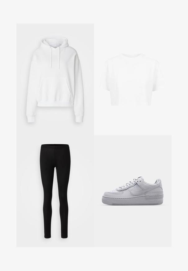 Sweatshirt blanc à capuche avec une poche avant, des poignets et un ourlet côtelés. Tissu doux et coupe décontractée, avec des cordons de serrage sur la capuche.; T-shirt blanche raccourcie, à manches courtes, col rond, en tissu lisse, sans motifs visibles ni quincaillerie distincte.; Leggings noirs en tissu doux et extensible. Ils ont une coupe ajustée avec une taille élastique et une texture lisse et mate.; Basket en cuir lisse gris Nike Air Force 1 avec un bout perforé, une semelle épaisse et un détail 'AIR' en relief sur le talon.