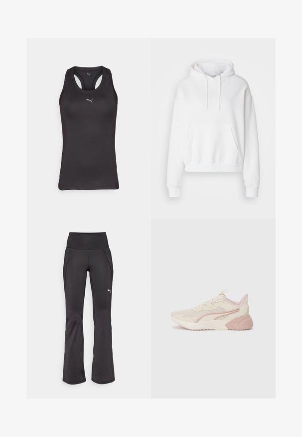 Sweatshirt blanc à capuche avec une poche avant, des poignets et un ourlet côtelés. Tissu doux et coupe décontractée, avec des cordons de serrage sur la capuche.; Débardeur de sport noir avec un dos nageur, fabriqué en tissu lisse, présentant un petit logo gris au centre à l'avant.; Pantalons de fitness noires évasés avec une taille haute, en tissu extensible, arborant un logo de marque brodé blanc et des détails de coutures subtils.; Baskets légères avec un design beige et rose pâle, tige en maille, semelle rembourrée et accents de logo discrets sur le côté.