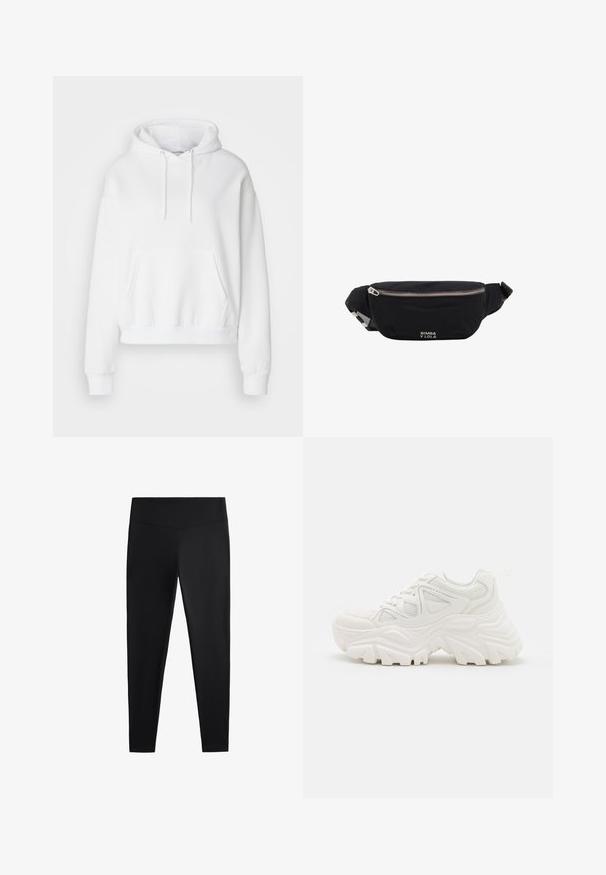 Sweatshirt blanc à capuche avec une poche avant, des poignets et un ourlet côtelés. Tissu doux et coupe décontractée, avec des cordons de serrage sur la capuche.; Leggings noirs en tissu lisse et extensible. Dotés d'une taille large et d'un design de jambe fuselée, adaptés pour une utilisation active ou décontractée.; Baskets blanches épaisses avec un dessus texturé, des panneaux en mesh et des semelles en caoutchouc épaisses avec un motif de semelle prominent. Lacets et tirette inclus.; Sac banane en tissu noir avec fermeture éclair argentée et bandoulière ajustable, avec petit logo blanc "Bimba y Lola" sur le devant.