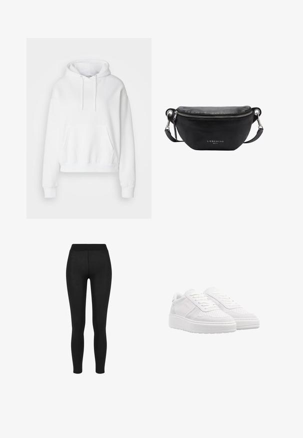 Sudadera blanca con capucha, bolsillo frontal, puños y dobladillo acanalados. Tela suave y corte relajado, con cordones en la capucha.; Leggings negros con una tela suave, cintura alta, diseño ajustado y sin costuras visibles, adecuados para uso casual o deportivo.; Zapatillas blancas con parte superior de ante y cuero perforado, cordones planos, cuello acolchado y una suela de goma gruesa y texturizada.; Bolso cruzado de cuero negro con forma redondeada, cierre superior con cremallera y herrajes en plata. Logo impreso en la parte frontal. Correa ajustable.