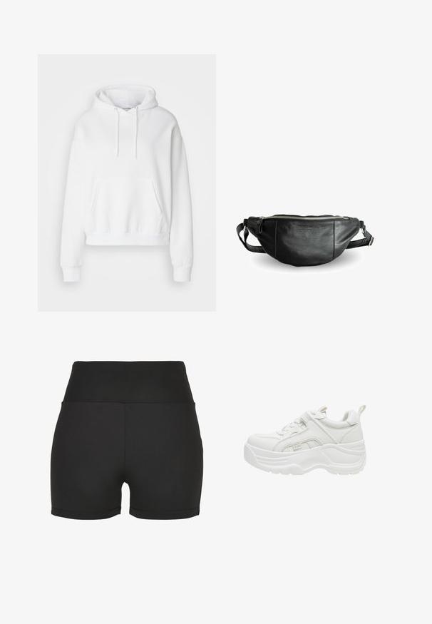 Weißer Kapuzenpullover mit frontaler Tasche, gerippten Bündchen und Saum. Weicher Stoff und lockere Passform, mit Zugbändern an der Kapuze.; Schwarze, hoch taillierte Sportshorts aus glattem, dehnbarem Material. Mit glatten Nähten und einem figurbetonten Design, ideal für Sportbekleidung.; Weißer klobiger Sneaker mit dicker Sohle, Schnürung vorne, gepolstertem Kragen und Zuglasche an der Ferse.; Still Nordic BASIC - Gürteltasche - black