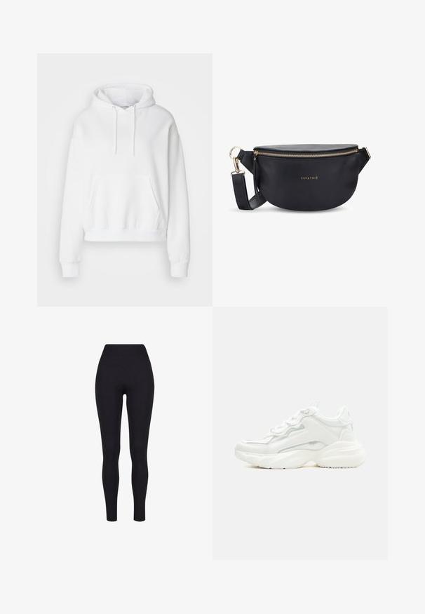 Sweatshirt blanc à capuche avec une poche avant, des poignets et un ourlet côtelés. Tissu doux et coupe décontractée, avec des cordons de serrage sur la capuche.; Leggings noirs taille haute, fabriqués à partir d'un tissu extensible, présentant une texture lisse et un design ajusté sans coutures ni motifs visibles.; Baskets blanches épaisses avec semelle épaisse, fermeture à lacets sur le devant et cuir synthétique lisse avec des détails subtils de couture.; Sac banane en cuir noir de forme arrondie, avec une fermeture éclair dorée et le logo "EXPATRIÉ." Il comprend une bandoulière réglable et des franges.