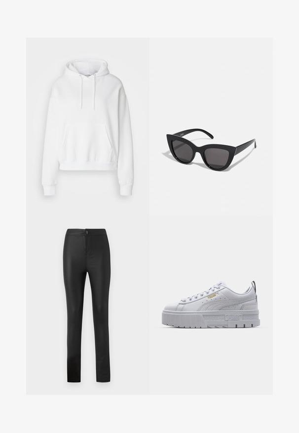 Valge kapuutsiga sviiter, millel on ees tasku, soonikkoes varrukad ja kovad. Pehme materjal ja mugav lõige, hoodil on reguleeritavad paelad.; Mustad mustad leggings, mis on valmistatud elastsemast ja siledast materjalist ning millel on napilt istuv disain, esipaneelil nööp ja tõmblukk, ning sirged sääred.; Valged platvormiks sneaksid, millel on sile nahk ülemine osa, pehmendatud krae, hall kummist tald ja kuldsed aktsendid, millel on Puma logo.; Mustad mustakate silmade prillid, millel on matt viimistlus, hallist toonitud läätsed, teravad nurgad ja stiilsed küljed. Brändi nimi on nähtav siseküljel.