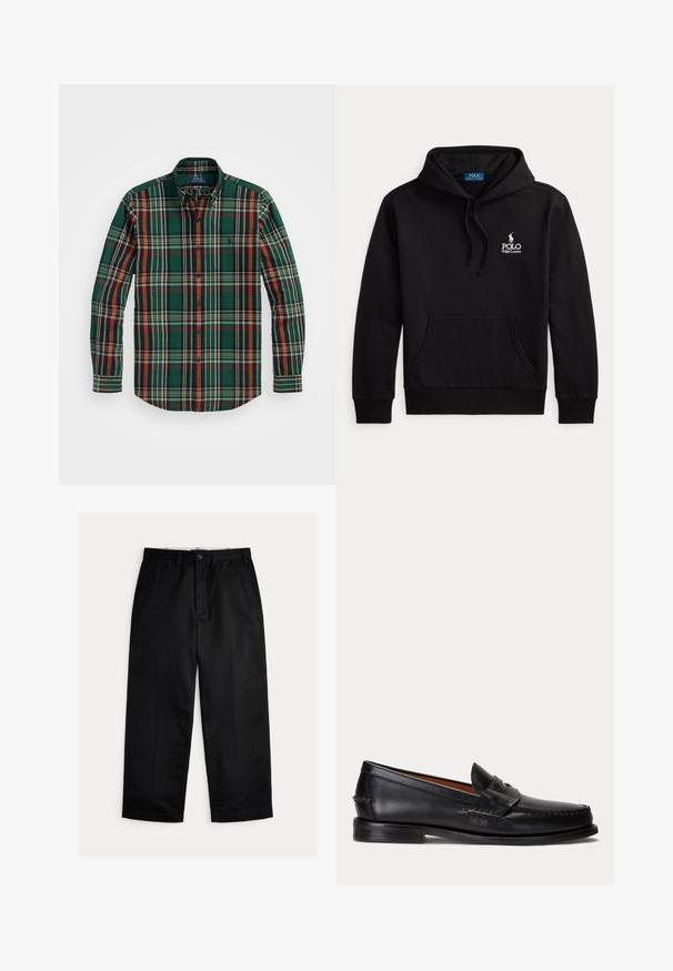 Čierna mikina s kapucňou, predným vreckom a šnúrkou na kapucni s bielym logom Polo Ralph Lauren na hrudi.; Zelená kockovaná košeľa na gombíky s pruhmi v oranžovej, námorníckej modrej a bielej farbe. Má klasický golier a dlhé rukávy, vyrobená z mäkkej bavlnenej tkaniny.; Čierne chinos nohavice so strihom rovné nohy, vybavené zapínaním na gombík, pútkami na opasok a hladkou textúrou látky. Žiadne viditeľné vzory alebo akcenty.; Čierny kožený mokasín s nízkym podpätkom a detailom s penny remienkom, zobrazený z boku na svetlosivom pozadí.