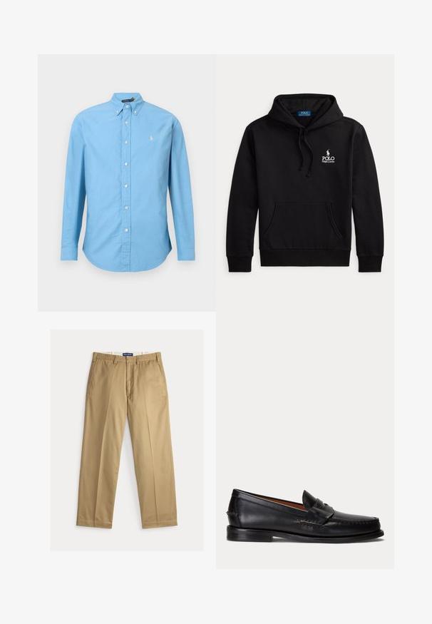Sudadera negra con bolsillo delantero y capucha con cordón, con el logo blanco de Polo Ralph Lauren en el pecho.; Camisa de botón de manga larga azul claro. Tejido de algodón, cuello de botón, cinco botones en la parte frontal, con un pequeño logo amarillo en el lado izquierdo del pecho.; Pantalones chinos beige fabricados con algodón. Diseño de pierna recta con parte frontal plana, dos bolsillos laterales y cinturilla con cierre de botón.; Mocasín negro de cuero con tacón bajo y detalle de correa para moneda, mostrado de lado sobre un fondo gris claro.