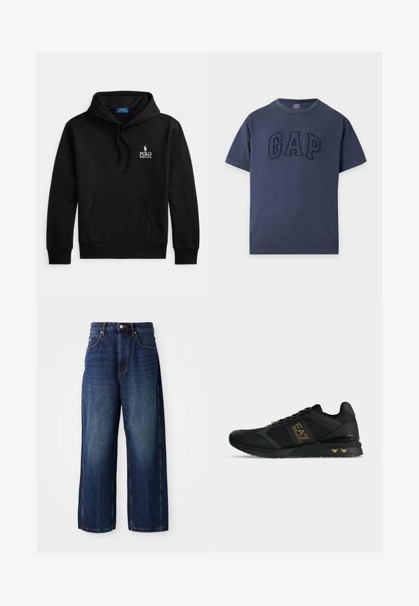 Čierna mikina s kapucňou, predným vreckom a šnúrkou na kapucni s bielym logom Polo Ralph Lauren na hrudi.; Tmavomodré tričko s krátkym rukávom a okrúhlym výstrihom s vystúpenými textúrovanými písmenami "GAP" na hrudi.; Tmavomodré široké džínsy z denimovej látky. Majú klasický pás so slučkami na opasok, predné vrecká a rovný strih.; Čierna nízka teniska so zlatým logom EA7 Emporio Armani na boku a malými zlatými detailmi na podrážke, zaväzovanie na šnúrky.