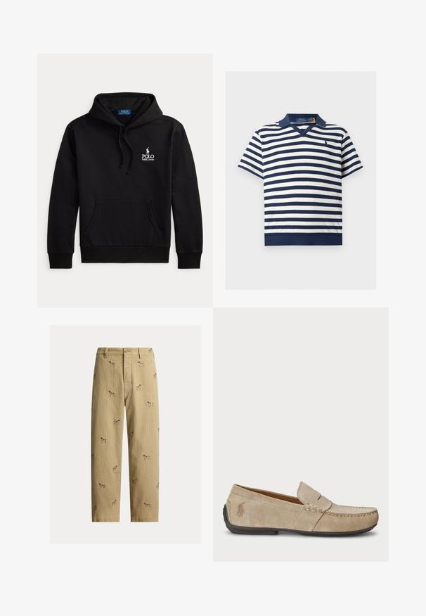Sudadera negra con bolsillo delantero y capucha con cordón, con el logo blanco de Polo Ralph Lauren en el pecho.; Polo de manga corta azul marino y blanco con rayas horizontales, con cuello y pequeño logo bordado en el pecho izquierdo.; Pantalones de pana beige con diseños bordados de perros, corte recto y estilo de cinco bolsillos con cierre de botón frontal.; Mocasines de ante beige con detalle cosido, suela de goma plana y un pequeño logotipo en el lateral. Diseño clásico de slip-on, textura suave.