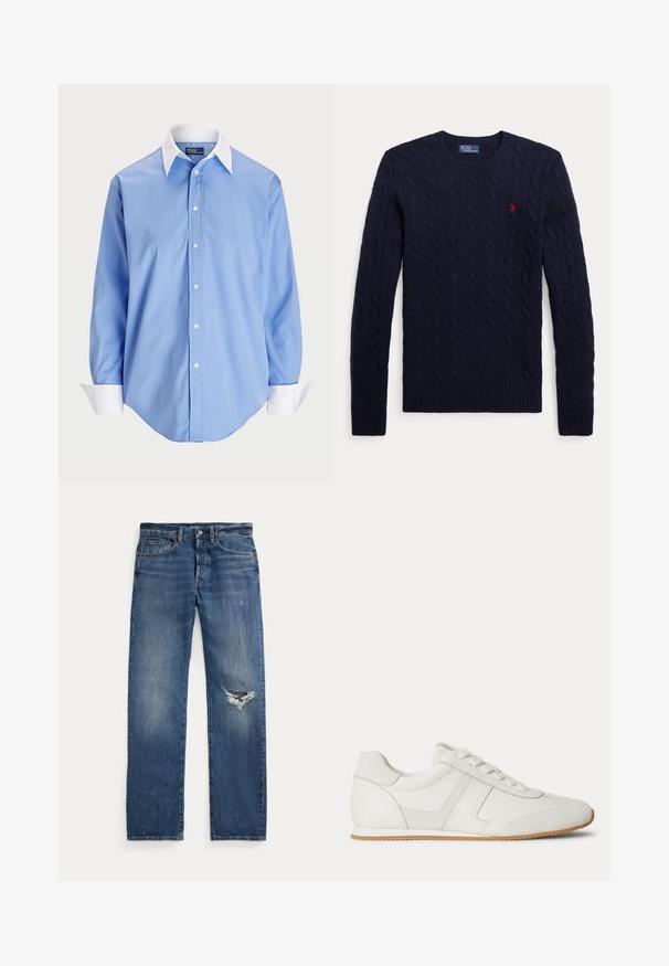 Marineblå kabelstrikket sweater med lange ærmer, rund hals, ribstrikkede manchetter, kant og et lille rødt broderet logo på brystet.; Lys blå skjorte med lange ærmer og en hvid kontrastkrave. Har en glat overflade og fem knapper foran.; Blå denim jeans med medium talje, fem lommer og et hullet slid på højre knæ.; Hvid lavtop sneaker med snørelukning foran, ruskind- og læderpaneler og en lysebrun gummisål på en hvid baggrund.