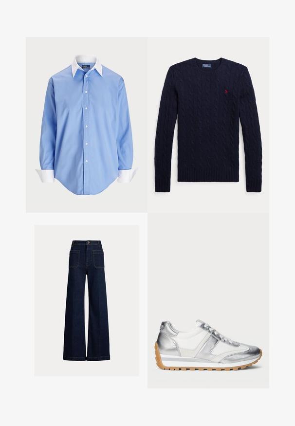 Marineblå kabelstrikket sweater med lange ærmer, rund hals, ribstrikkede manchetter, kant og et lille rødt broderet logo på brystet.; Lys blå skjorte med lange ærmer og en hvid kontrastkrave. Har en glat overflade og fem knapper foran.; Mørkeblå vidde cowboybukser med forlommer, bæltestropper og knaplukning på en enkel lys baggrund.; Sølv- og hvide sneakers med en tekstureret overdel, snørelukning og gummisål. Metalliske detaljer og design med hævet hæl.