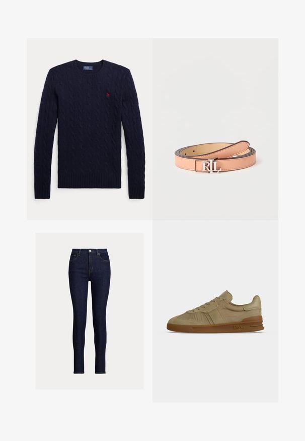 Marineblauwe kabelgebreide trui met lange mouwen, ronde hals, geribde boorden en zoom, en een klein rood geborduurd logo op de borst.; Donkerblauwe skinny jeans van denim. Bevat een hoge tailleband, voorzakken en een kleine metalen knop bij de gulp. Schone afwerking.; Beige lage Polo sneaker met veters aan de voorkant, een gestructureerd leren bovenwerk en een bruine rubberen zool met Polo-logo aan de zijkant.; Lichtbruine leren riem opgerold met zilveren RL-logo gesp gecentreerd op een effen witte achtergrond.