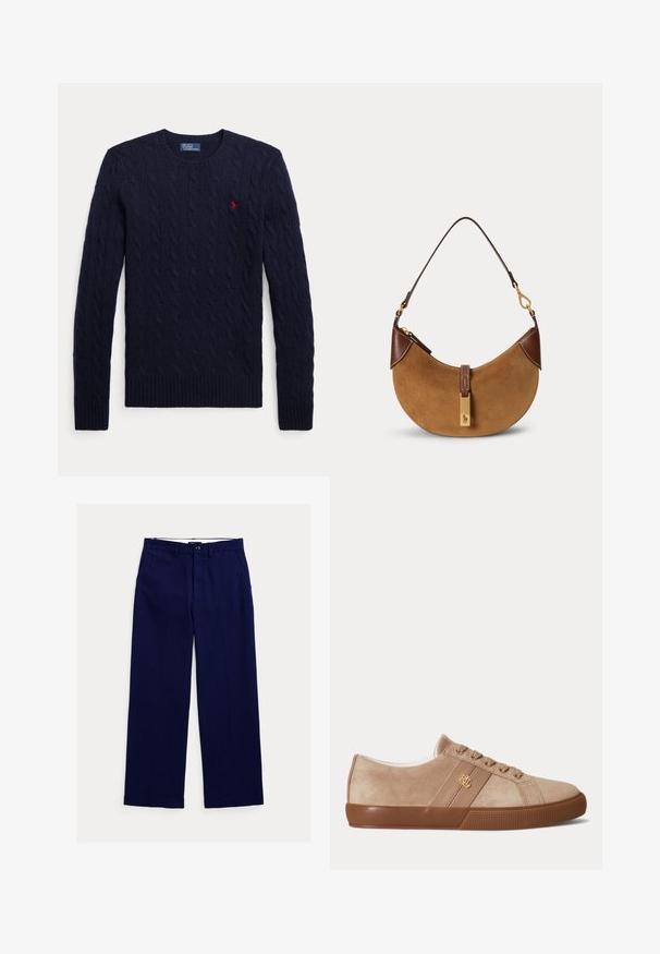 Marineblå kabelstrikket sweater med lange ærmer, rund hals, ribstrikkede manchetter, kant og et lille rødt broderet logo på brystet.; Marineblå bukser med lige ben, bæltestropper, knaplukning foran og sidelommer på hvid baggrund.; Beige ruskind lav-sneaker med brun gummisål, matchende snørebånd og et lille guld "RLL" logo på siden.; Brun ruskind halv-måne taske med mørkebrune læderdetaljer, guldfarvet hardware og kort skulderrem.
