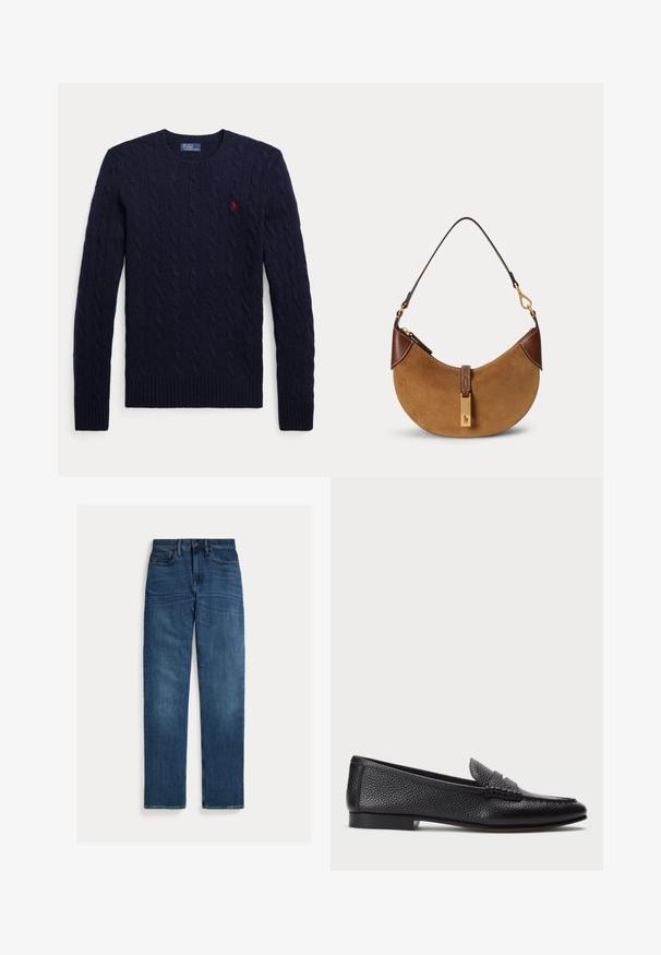 Marineblauwe kabelgebreide trui met lange mouwen, ronde hals, geribde boorden en zoom, en een klein rood geborduurd logo op de borst.; Blauwe denim jeans met rechte pijpen, vijf zakken, knoopsluiting en subtiele vervaging op dijen en knieën, plat op een witte achtergrond gelegd.; Zwarte leren instapper met een gestructureerde afwerking, voorzien van een decoratieve band en platte hak. Slank, minimalistisch ontwerp met een ronde neus.; Bruine suède halve maan handtas met donkerbruine lederen accenten, goudkleurige hardware en een korte schouderriem.