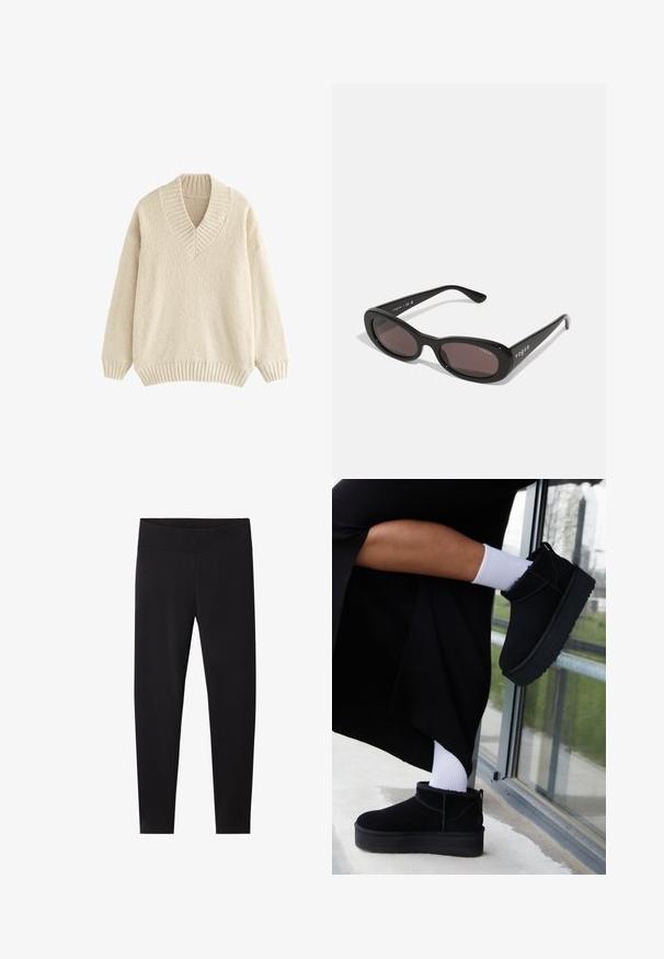 Suéter de color crema con cuello en V, con un ribete en el cuello y en los puños. Hecho de una suave tela texturizada con un corte holgado y hombros caídos.; Leggings negros con una cinturilla elástica gruesa. Hechos de un material suave y elástico, ajustados para un silueta entallada y sin patrones visibles.; Botas negras de ante hasta el tobillo con suela plana, con una asa en la parte posterior, luciendo calcetines blancos hasta el tobillo en un fondo minimalista.; Gafas de sol negras con montura ovalada, lentes oscuros y "vogue" impreso en blanco en las varillas exteriores. Material plástico suave.