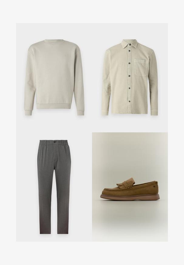 Sudadera gris claro con cuello redondo, mangas largas y textura suave. Presenta un pequeño logo bordado en el pecho.; Camisa de manga larga con botones en tejido beige claro. Presenta un collar puntiagudo, un bolsillo en el pecho y botones negros. Diseño simple y texturizado.; Pantalones grises con un diseño a medida, que cuentan con una cinturilla elástica, cierre de botón y piernas rectas; hechos de una tela suave y texturizada.; Mocasín de cuero marrón con detalle de flecos en la parte superior y suela gruesa de goma sobre un fondo liso claro.
